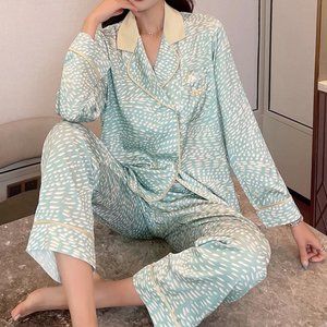 Autumn and Winter Long Sleeve Long Pants Pajamas Set - Green and Gold